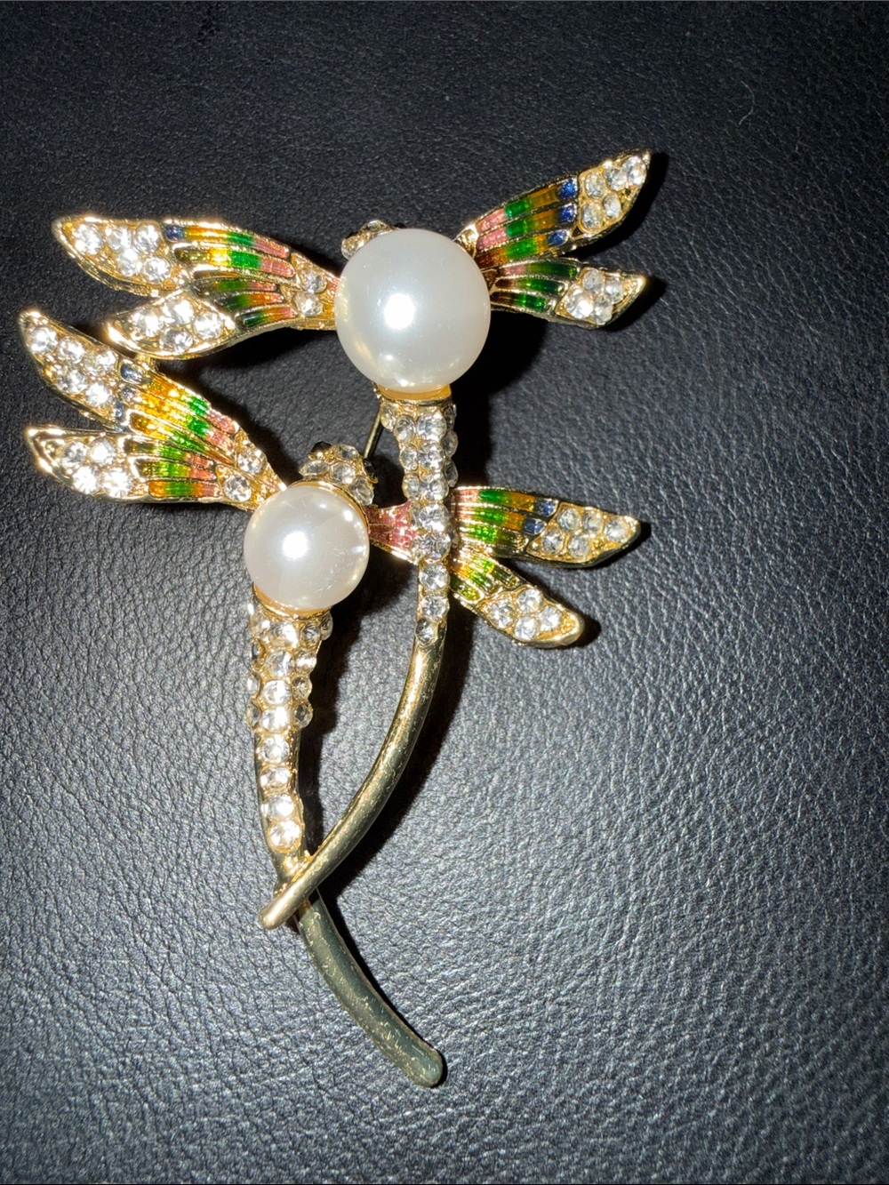 Pearl & Crystal Dragonfly Brooch - Gold Tone, Multicolor Wings